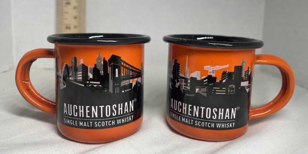 RARE, 2 AUCHENTOSHAN Mini Cup Single Malt Whisky Orange Enamel Mugs